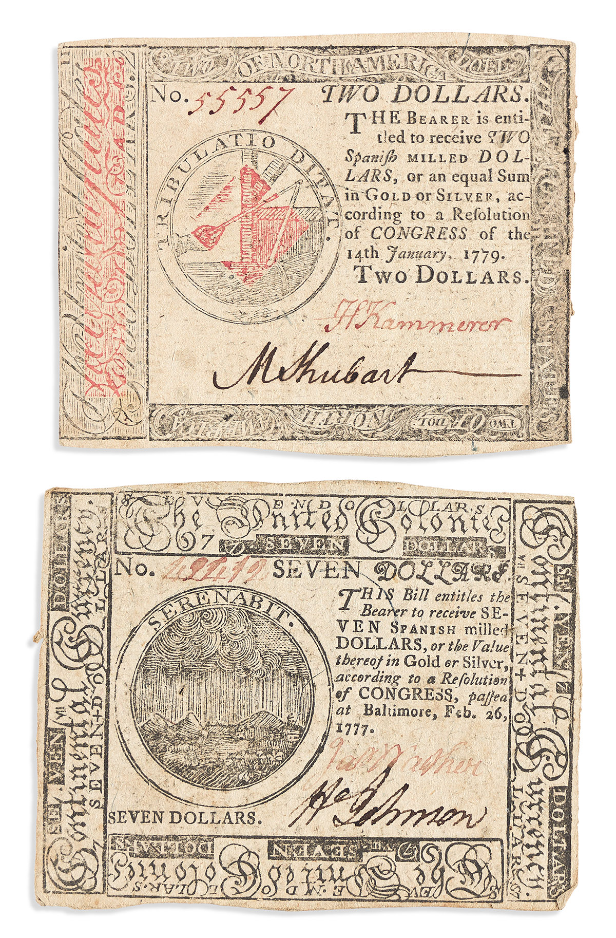 (AMERICAN REVOLUTION--CURRENCY.) 10 pieces of Continental currency from the early years of the war.